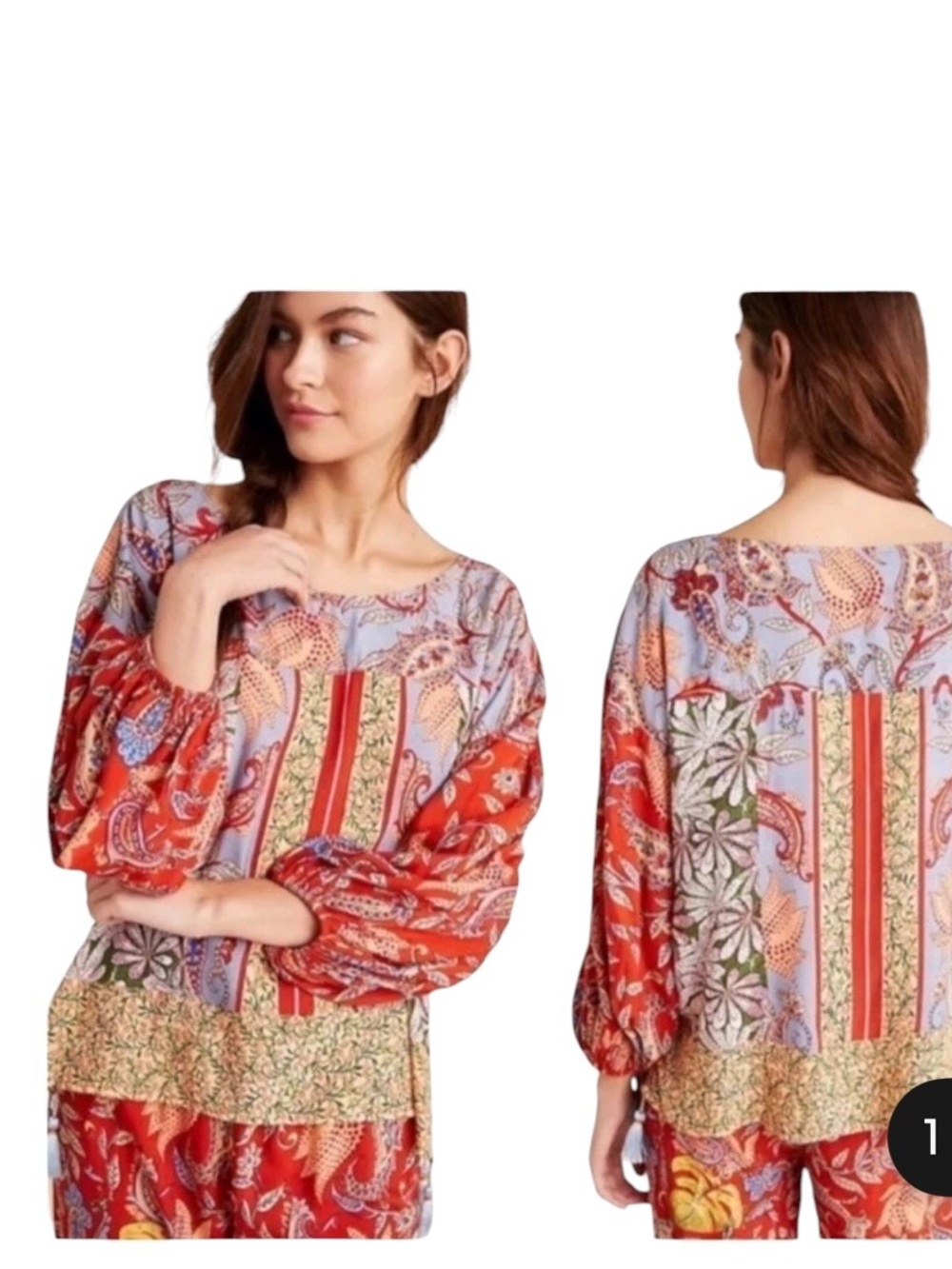 Anthropologie Womens Floral Sonrisa Mixed Print Paisley Boho  Top Blouse Medium
